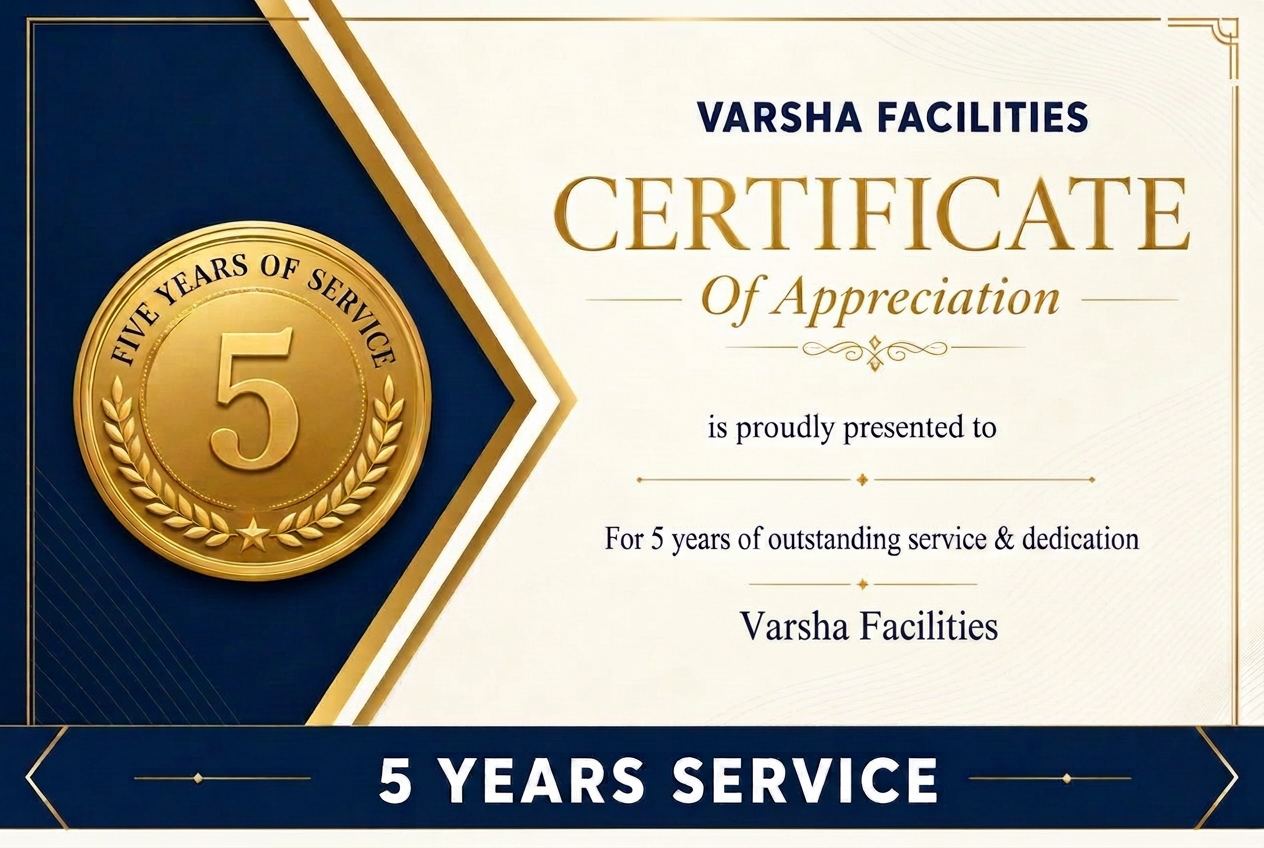 5 Years Service certificate — VARSHA FACILITIES
